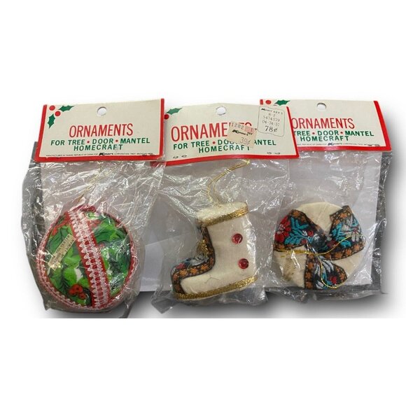 Vintage Kmart Christmas Ornaments Set Of 3 - Ball Boot & Candy Shapes Sequin - Picture 1 of 4